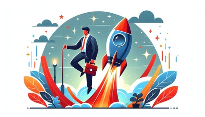 Flat Vector Illustration Rocket Briefcase Business Startup Launch Infographic Entrepreneurship