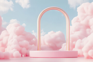 Romantic Valentine podium with pink clouds and bright sky background, perfect for elegant love designs.