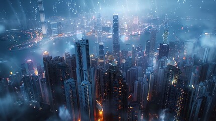 Fototapeta premium Midnight city skyline illuminated by vibrant fireworks as crowds celebrate below tall buildings