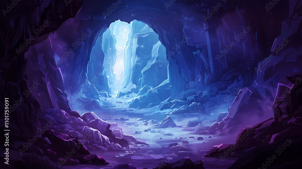 Poster a mystical cave illuminated by a bright light, creating an enchanting atmosphere with rocky textures