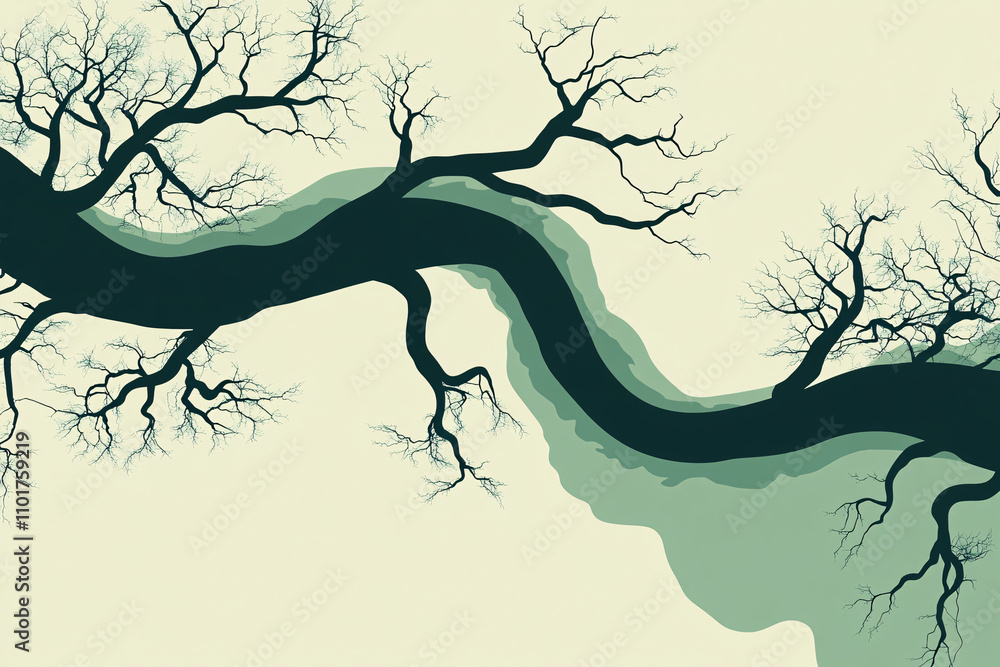 Poster an abstract composition of intertwined bare tree branches with a soft green path weaving through a p