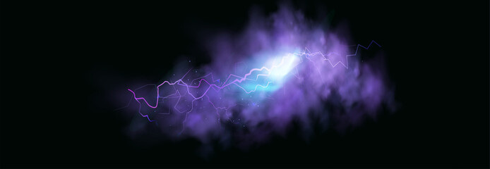 Powerful electrical current energy. Flash of lightning in a magic frame. Neon discharge in smoke effect.
