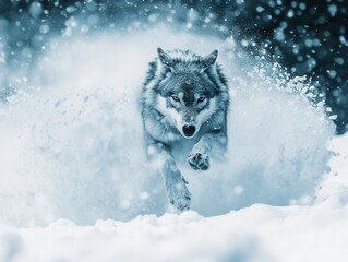 Majestic Gray Wolf Running Through Winter Snow Blizzard