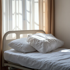 A serene bedroom scene with sunlight illuminating the cozy bed and fluffy pillows.