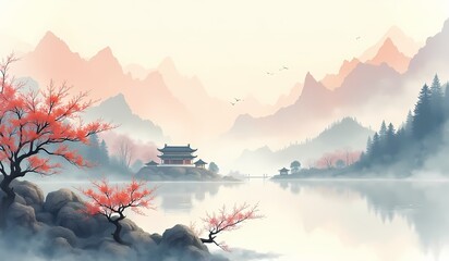 Traditional temple by misty lake with mountains
