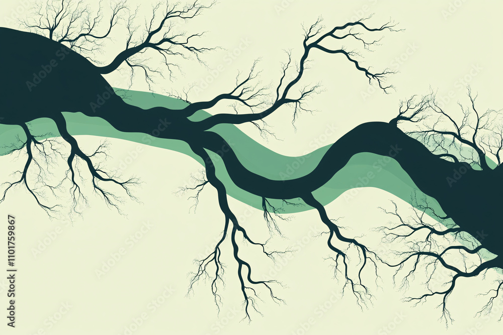 Poster an abstract illustration of bare tree branches spreading over a flowing green path on a pale backgro
