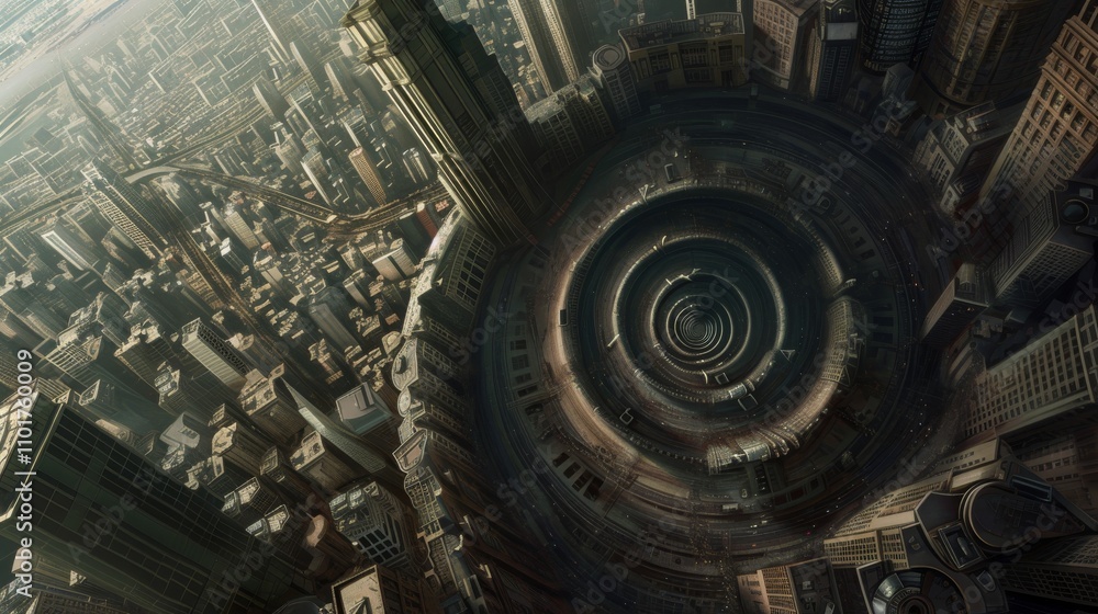 Poster A dynamic view of a sprawling futuristic city with layered spirals at its core. Towering skyscrapers encircle the hypnotic vortex, blending modern architecture with intricate circular designs