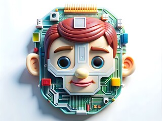 Naklejka premium Macro Image Circuit Board Human Face Integration Technology Identity Photo Stock Concept with Text Space