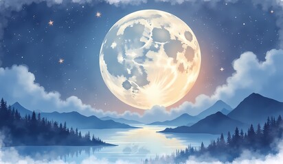Full moon over serene lake and mountains in watercolor style