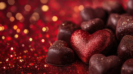 Obraz premium A creative shot of a heart-shaped box of chocolates with a background of red and gold glitter.