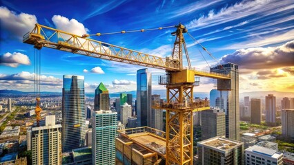Naklejka premium Construction site at sunset with cranes and building structures in an urban city landscape