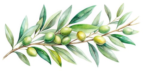 Minimalist Watercolor Painting of Olive Branches on White Background - Elegant Natural Art for Home Decor and Lifestyle