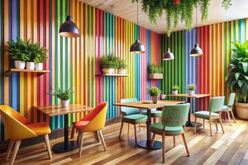 Modern Colorful Cafe Interior with Minimalist Wooden Furniture, Striped Walls, and Inviting Atmosphere for Architectural Photography