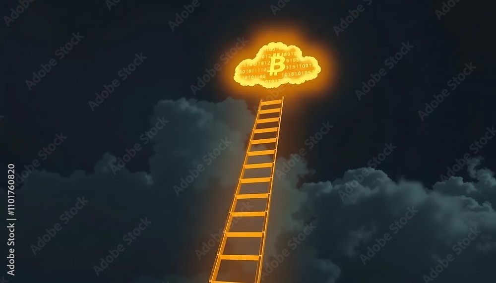 Fototapete ladder of glowing binary code ascending to a golden cloud: symbol of digital success