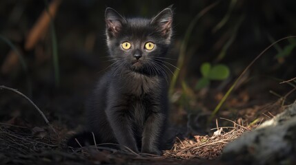 Obraz premium Adorable Black Kitten Outdoors, Forest Setting, Wildlife Photography