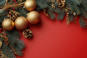 Charming Christmas border featuring lush pine branches, golden baubles, and ribbons on a vivid red background. Suitable for banners, greeting cards, and festive designs with copy space.
