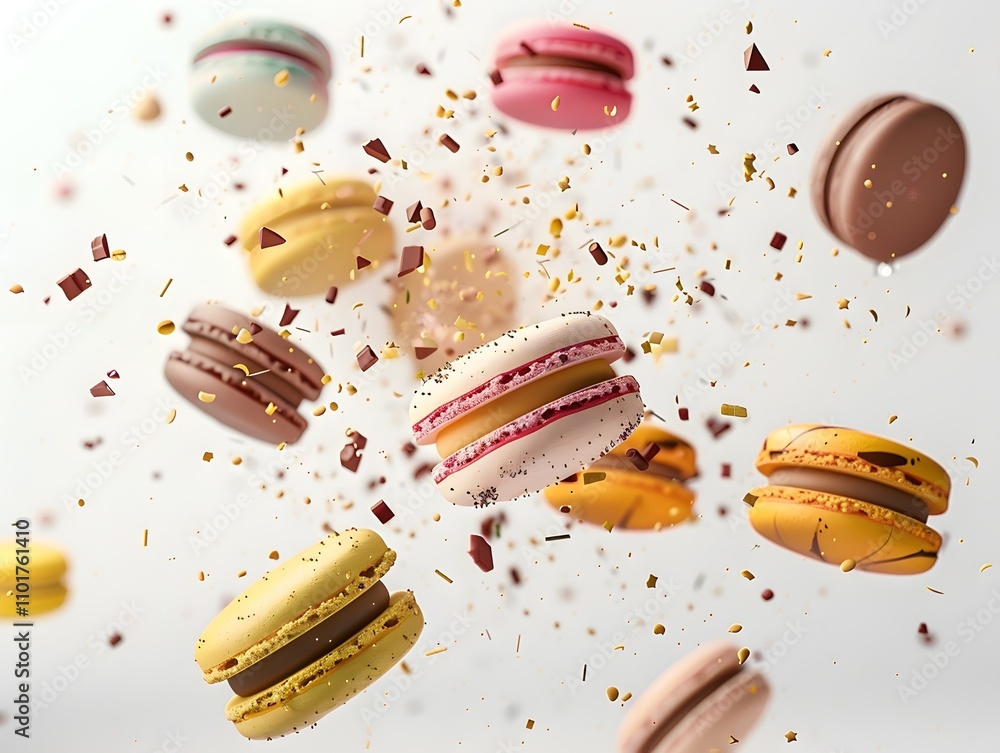 Poster colorful macarons floating with chocolate pieces and gold dust in a dynamic composition.