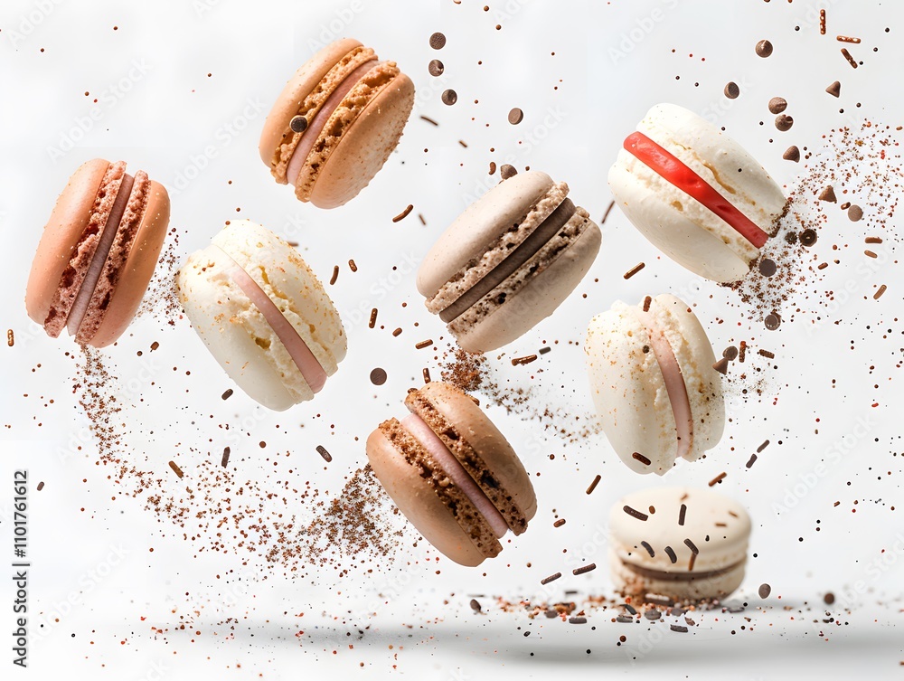 Poster colorful macarons floating with chocolate sprinkles in a dynamic arrangement.