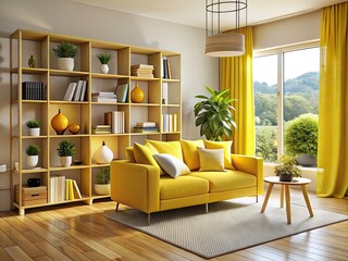 Modern Living Room with Yellow Tone Book Organizer Shelf and Warm Interior Design for Cozy Staging Inspiration