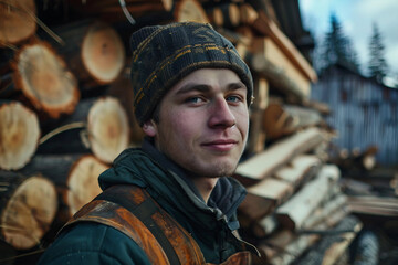 Generative AI image of a handsome virile bearded woodcutter at work in a traditional woodworking workshop