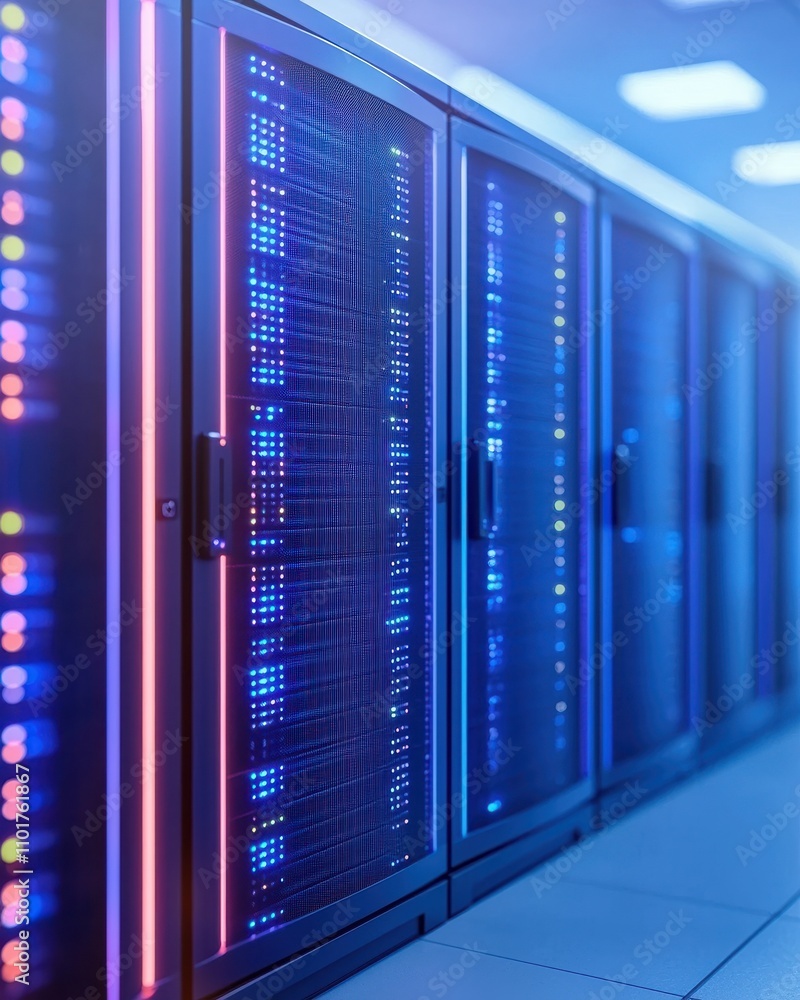 Poster a modern data center with illuminated server racks displaying vibrant blue and purple lights, emphas