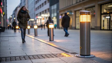 Illuminated Retractable Automatic Traffic Bollards Line Busy Urban Street During Twilight Hours. Generative AI