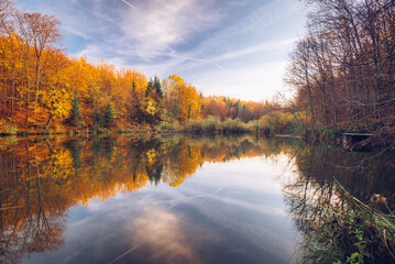 Autumn scene with lake and trees, Autumn Reflection, Bakony Forest and Mountain, Pisztrangos Lake, Hungary. Long exposure shot.
