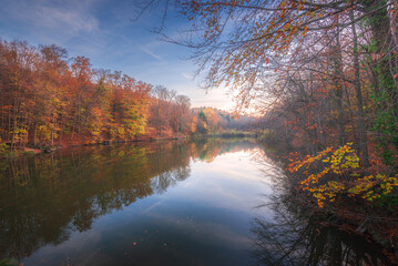 Autumn colorful foliage over lake with beautiful woods in red and yellow color. Bakony Forest and Mountain, Pisztrangos Lake, Hungary. Long exposure shot.