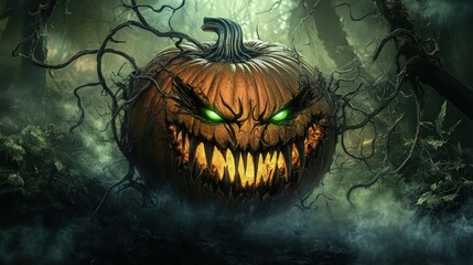 A pumpkin with a terrifyingly detailed facial expression, featuring sharp, jagged teeth and glowing green eyes, emerging from a dark, misty forest background. 