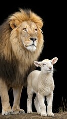 Harmony Between Lion and Lamb Stands out Against a Black Background. Generative AI