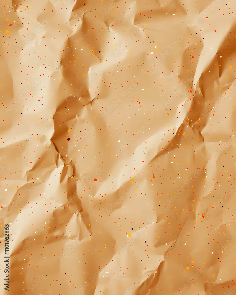 Poster crumpled brown paper with colorful specks, creating a textured background.