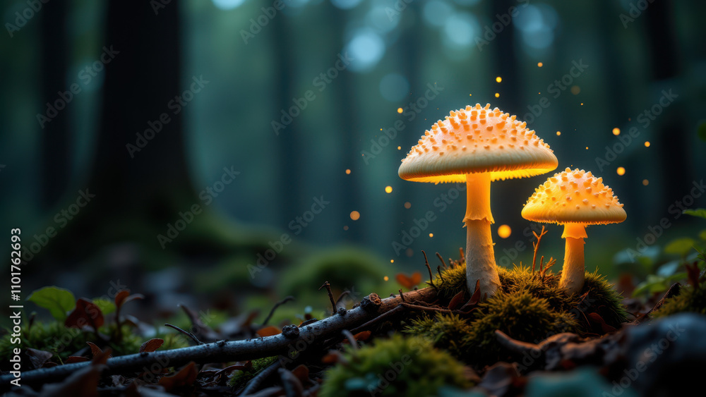 Poster stunning photo of two glowing mushrooms with sparks floating around them in a dark forest setting.