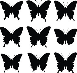 Flying butterflies silhouette black set isolated on white background