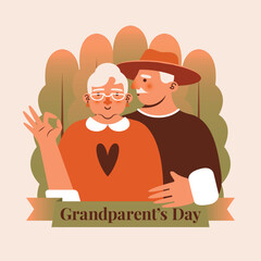 Grandparent's day. Square banner template with illustration of old couple, senior woman, senior man in hat, hugs on nature background. Cute vector brochure with text. Flat Design. Cartoon old people.
