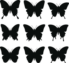 Flying butterflies silhouette black set isolated on white background