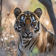 eye level shot of wild female bengal tiger or tigress close up or portrait with eye contact in hot summer season safari at ranthambore national park sawai madhopur rajasthan india - panthera tigris