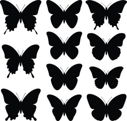 Flying butterflies silhouette black set isolated on white background