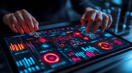 Naklejka premium Close Up Marketer Assembling Digital Marketing Puzzle Tablet Futuristic Theme Strategic Planning
