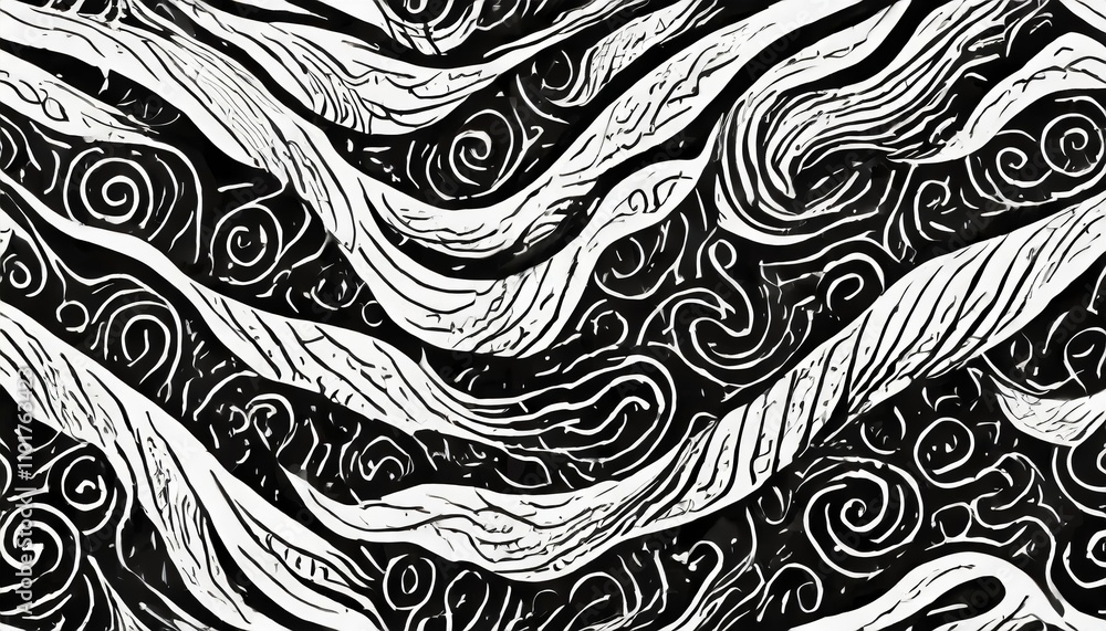 Poster abstract seamless pattern featuring wavy, swirled brush strokes with bold curved lines and dynamic s