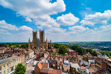 View of Lincoln Cathedral from Lincoln Castle in Lincoln, UK