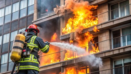 Fireman battling blaze in city street near old building with smoke, flames, and burning iron