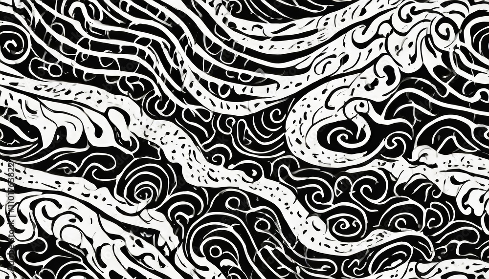 Poster a dynamic seamless pattern featuring bold wavy and swirled brush strokes with curved lines and squig
