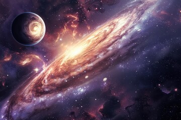 Obraz premium Colorful Glowing Spiral Galaxy with Stars and Planets
