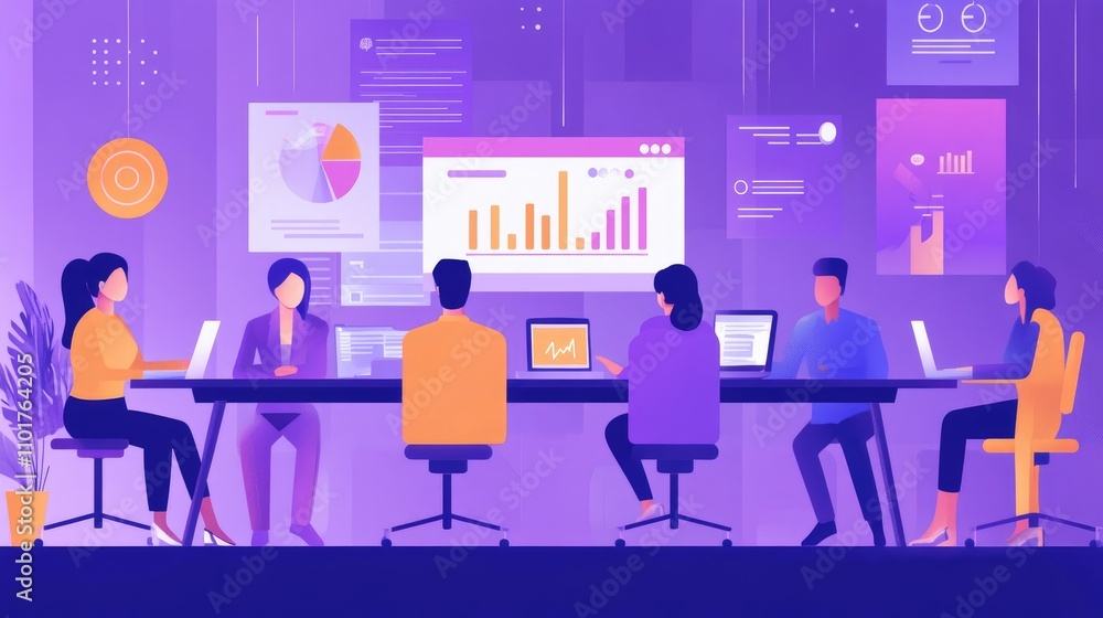Poster collaborative business meeting with data visualization in office space