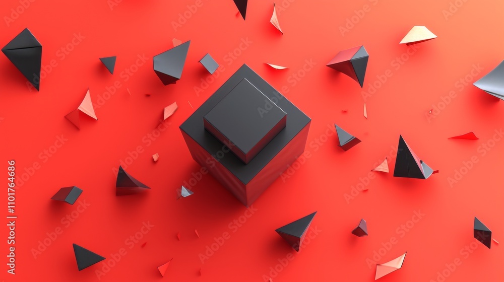 Aufkleber a black cube stands out amidst scattered geometric shards on a red background. the minimal yet strik
