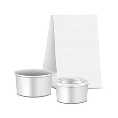 Takeout food packaging set. 3d mockup. White blank takeaway cardboard bowl, bowl with clear plastic lid and paper bag. Realistic vector mock-up. Take out fast food snack package. Template for design