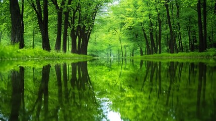 Obraz premium Tranquil Forest Stream with Serene Tree Reflections