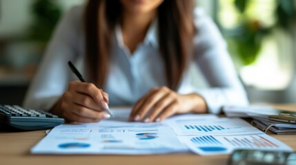 Elegant and Poised Woman Sitting at a Table, Engaged in Professional Work with Documents and a Calculator in a Bright Office Setting