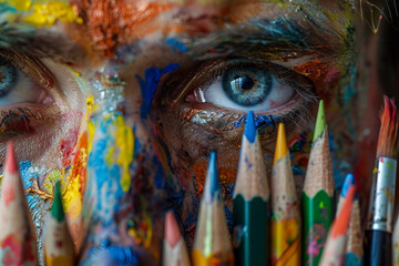 Fototapeta premium Generative AI image of talented artist passionately painting with vibrant colors on a large canvas in an art studio