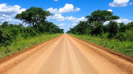 A Scenic Dirt Road Winding Through a Lush,Tree-Lined Countryside Landscape